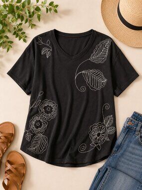 Decorated Originals Floral Embroidered Top XL Black Cotton Boho Cottagecore